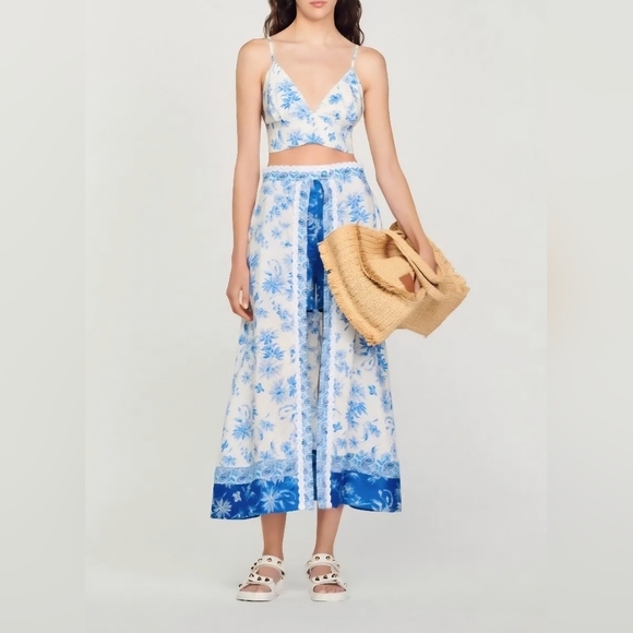Sandro Tops - SANDRO Floral Blue WHITE CROP Bralette Top LINEN VISCOSE lined Size 1 S
